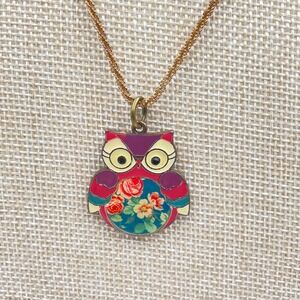 Afterthoughts Y2K Gold-Tone Multicolor Floral Enamel Coated Owl Pendant Necklace